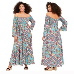 Torrid Off Shouler‎ Women's Turquoise Scarf Print Challis Smocked Maxi Dress 0X